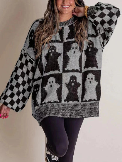 A stylish Halloween sweater featuring a unique pumpkin and ghost graphic design, available in a variety of fashion-forward colors.