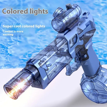 Black and blue electric water pistol toy with LED lights, shown with USB charging cable.