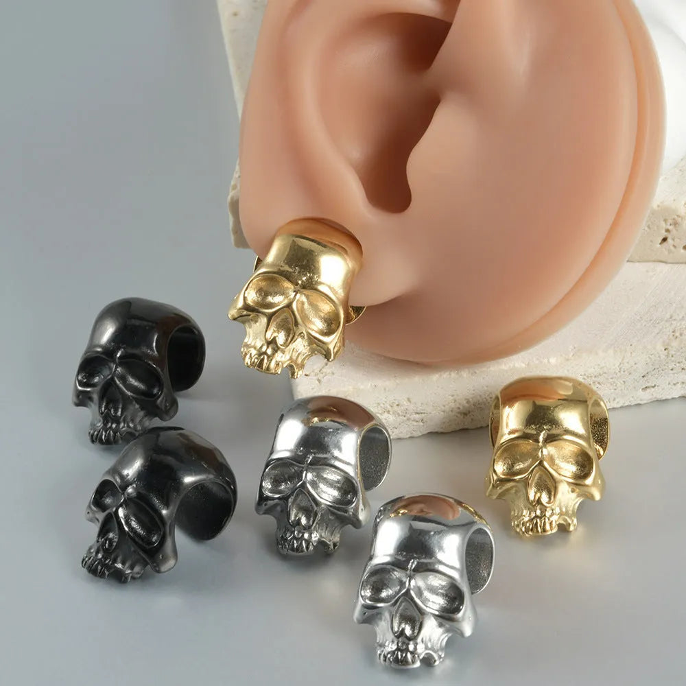 Personalised stainless steel hollow skull Buddha earrings showing 1.5 cm diameter and electroplated colour options