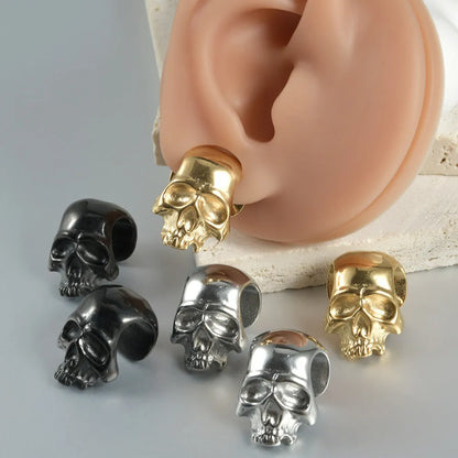 Personalised stainless steel hollow skull Buddha earrings showing 1.5 cm diameter and electroplated colour options