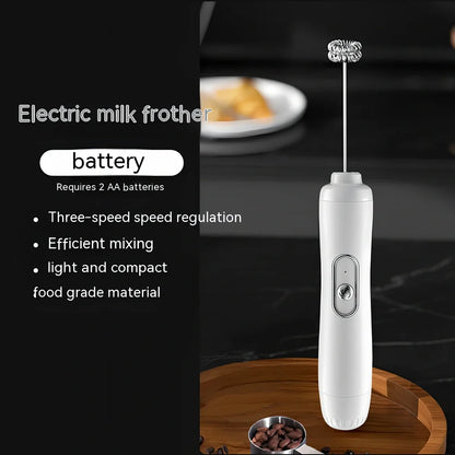Battery-powered handheld milk frother in retro green, black, or white with stainless steel whisk