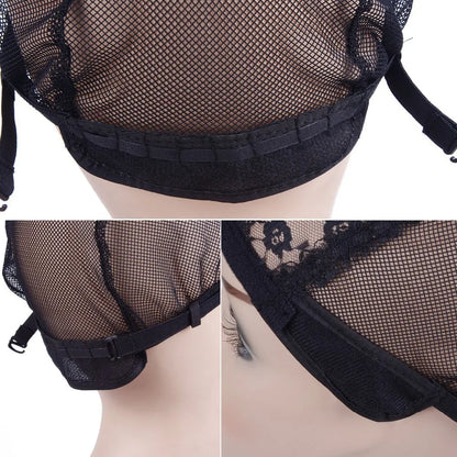 Black nylon mesh wig cap with flat top crown, high elastic breathable hairnet, size M 56-58cm