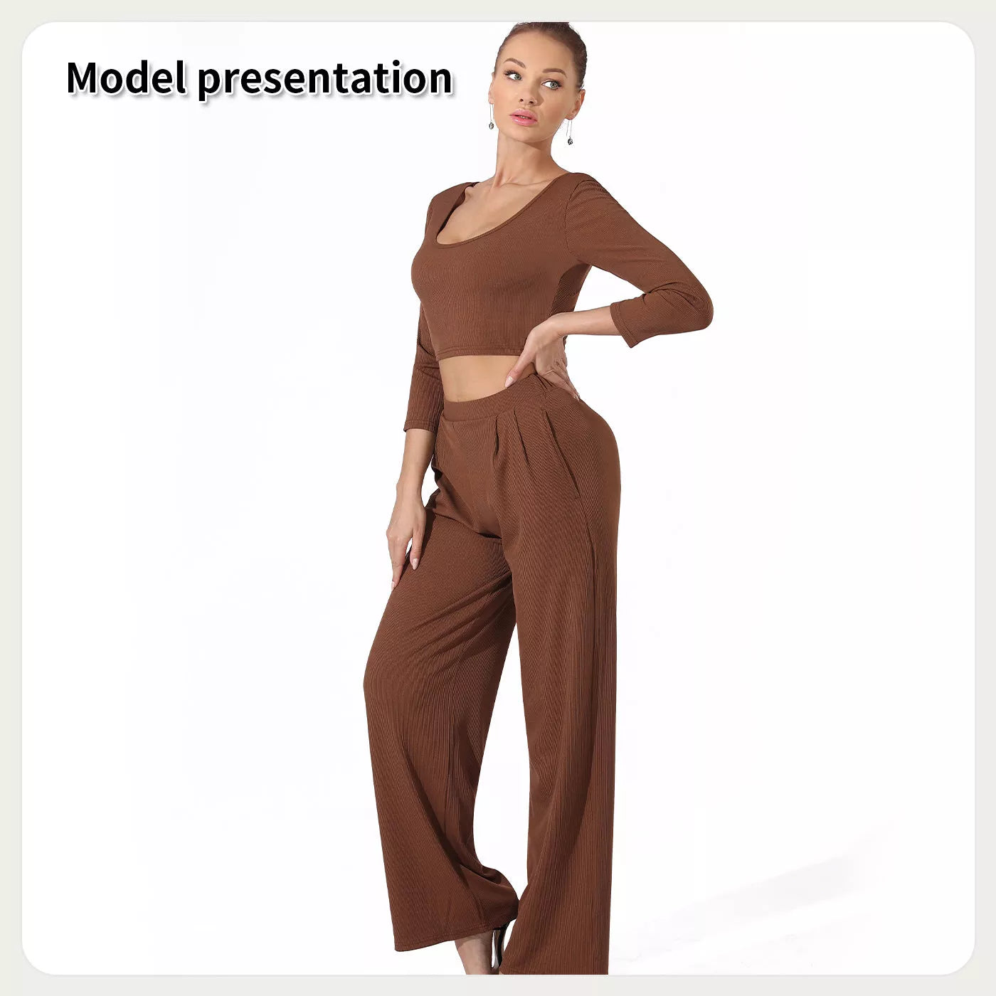 Women's solid color top and pants set in black or coffee, sizes S to 4XL