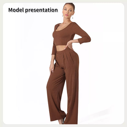 Women's solid color top and pants set in black or coffee, sizes S to 4XL