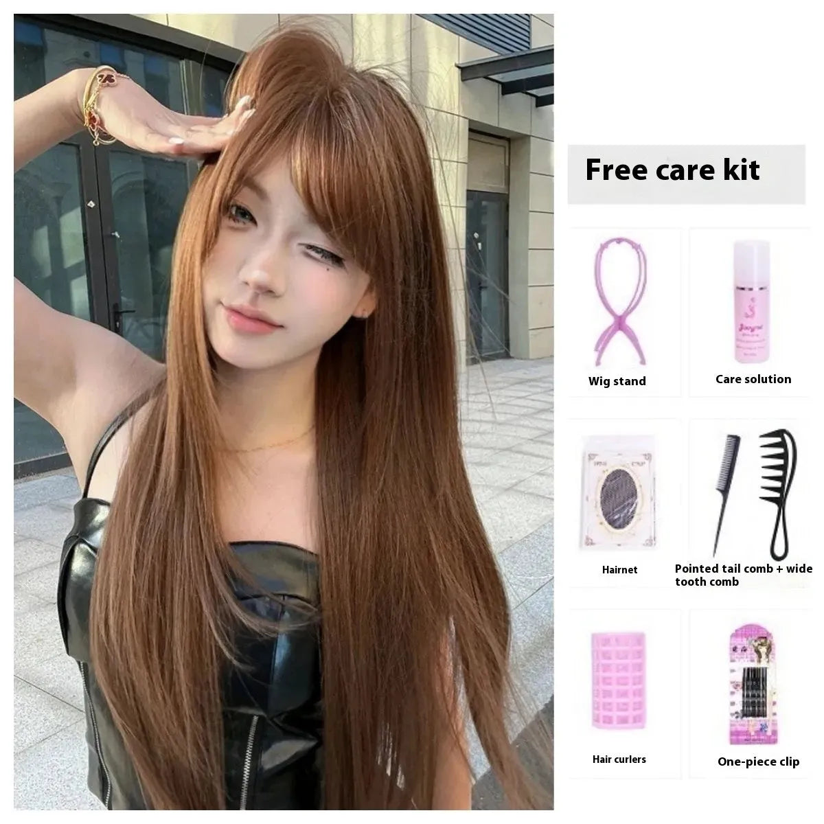 Warm tea chestnut brown long straight synthetic wig with bangs made from high temperature fibre