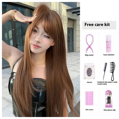 Warm tea chestnut brown long straight synthetic wig with bangs made from high temperature fibre