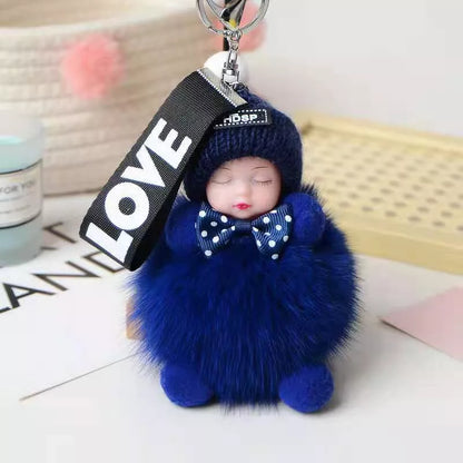 Hand-woven fox fur sleeping doll keychain pendant with optional bow