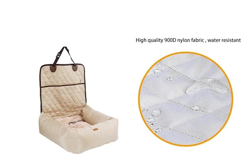 Folding pet carrier with black 900D nylon exterior and waterproof base for car seats