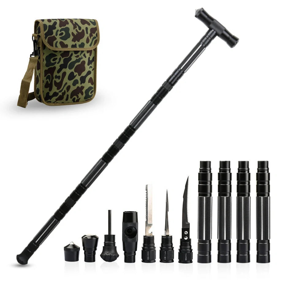 Black aluminium climbing pole with T-handle extended to 145cm beside camouflage storage bag