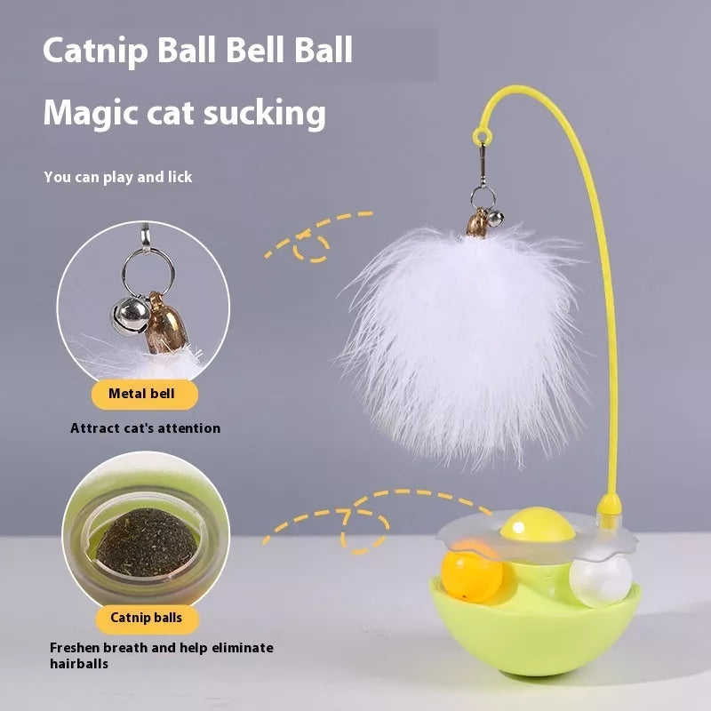 Interactive cat toy with catnip, feather wand, and spinning balls in white, indigo, fluorescent yellow, and pink