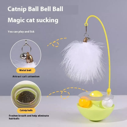 Interactive cat toy with catnip, feather wand, and spinning balls in white, indigo, fluorescent yellow, and pink