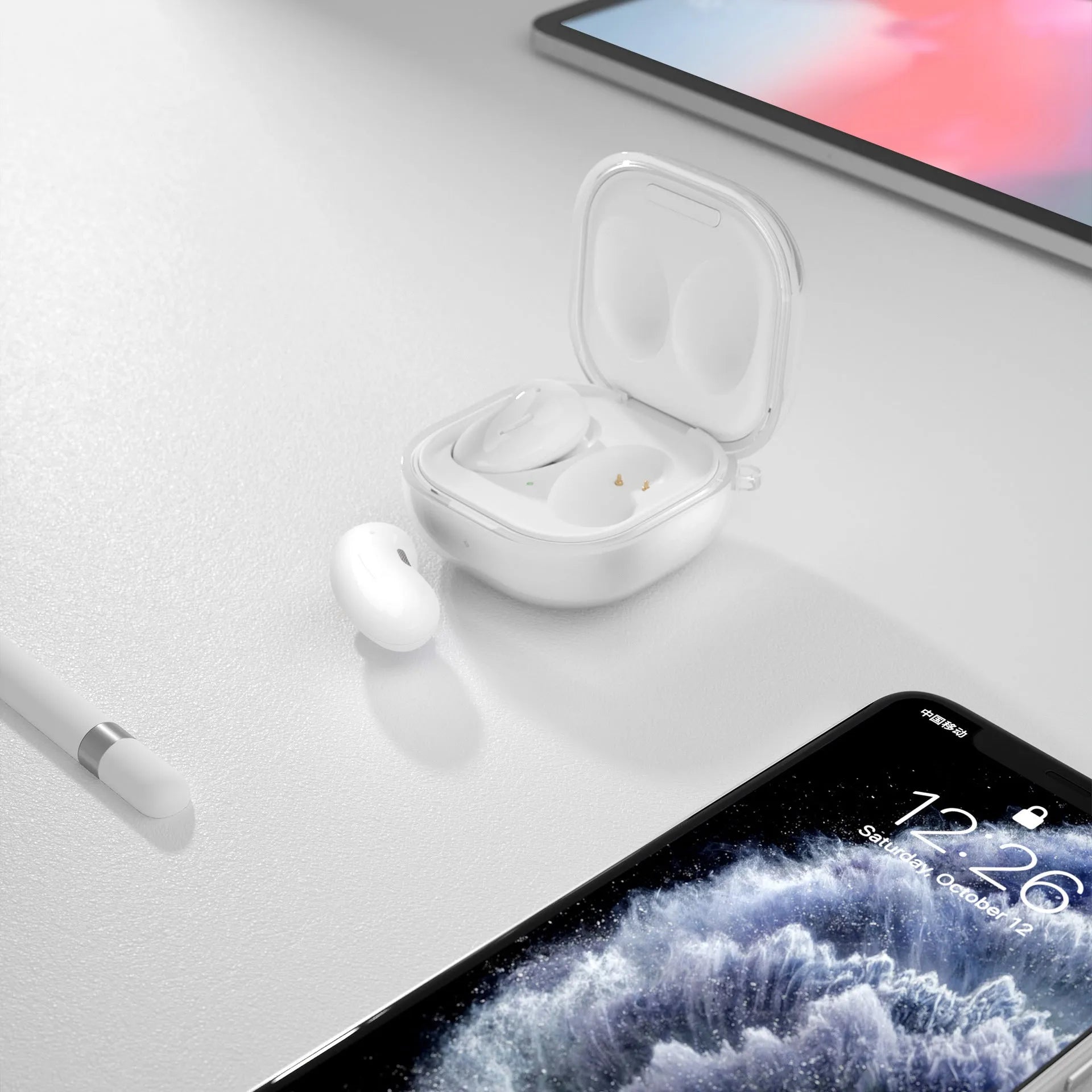 Transparent clamshell-style Bluetooth earphone case in translucent black, gold, purple, and clear colours.