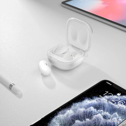 Transparent clamshell-style Bluetooth earphone case in translucent black, gold, purple, and clear colours.