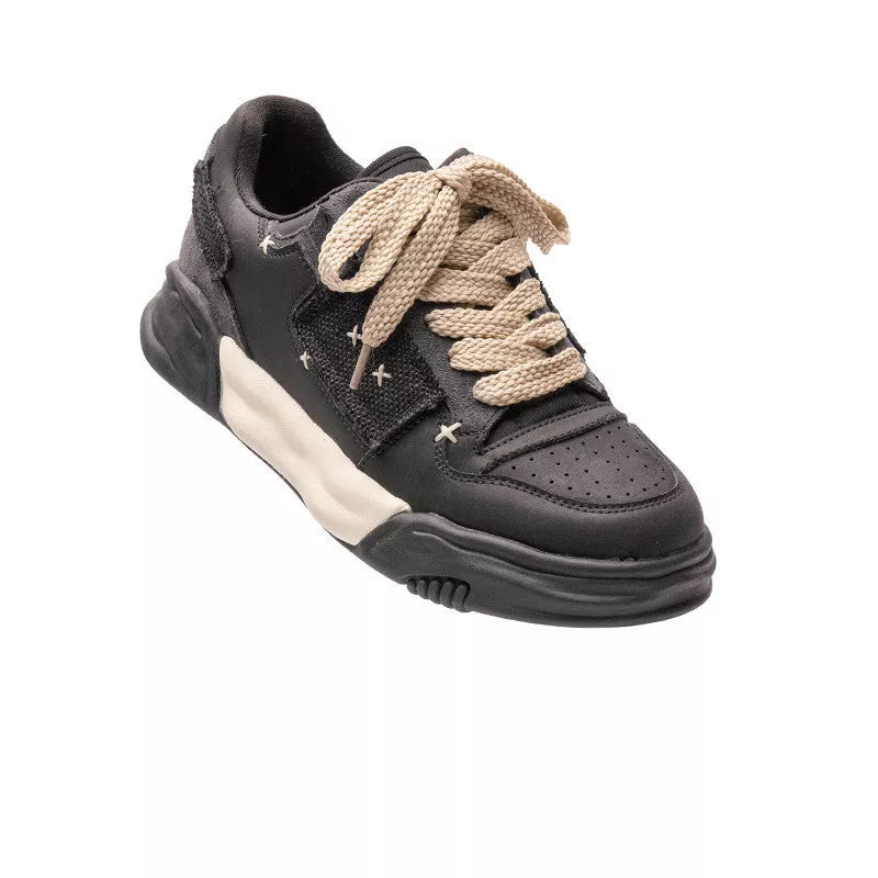 Men's casual patch leather vintage shoes in black and khaki colors