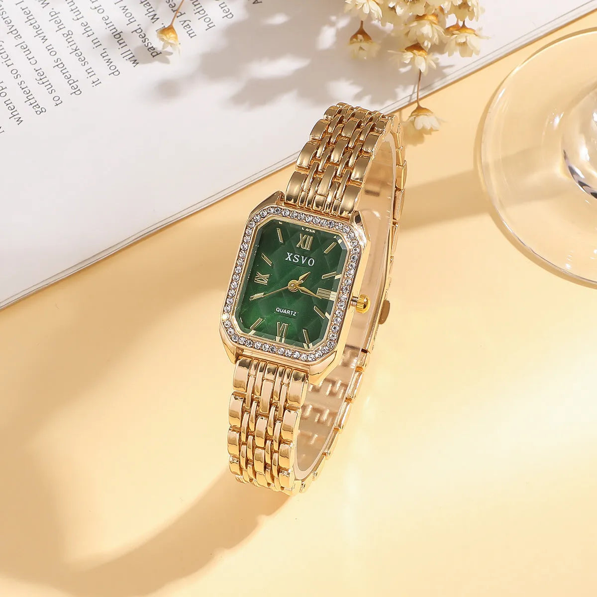 Gold green square women's watch with four matching butterfly bracelets, alloy case, 25mm dial