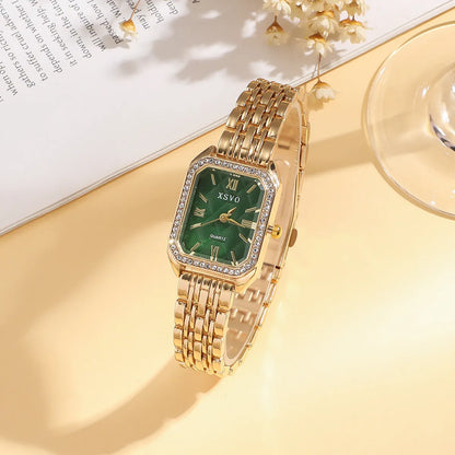 Gold green square women's watch with four matching butterfly bracelets, alloy case, 25mm dial