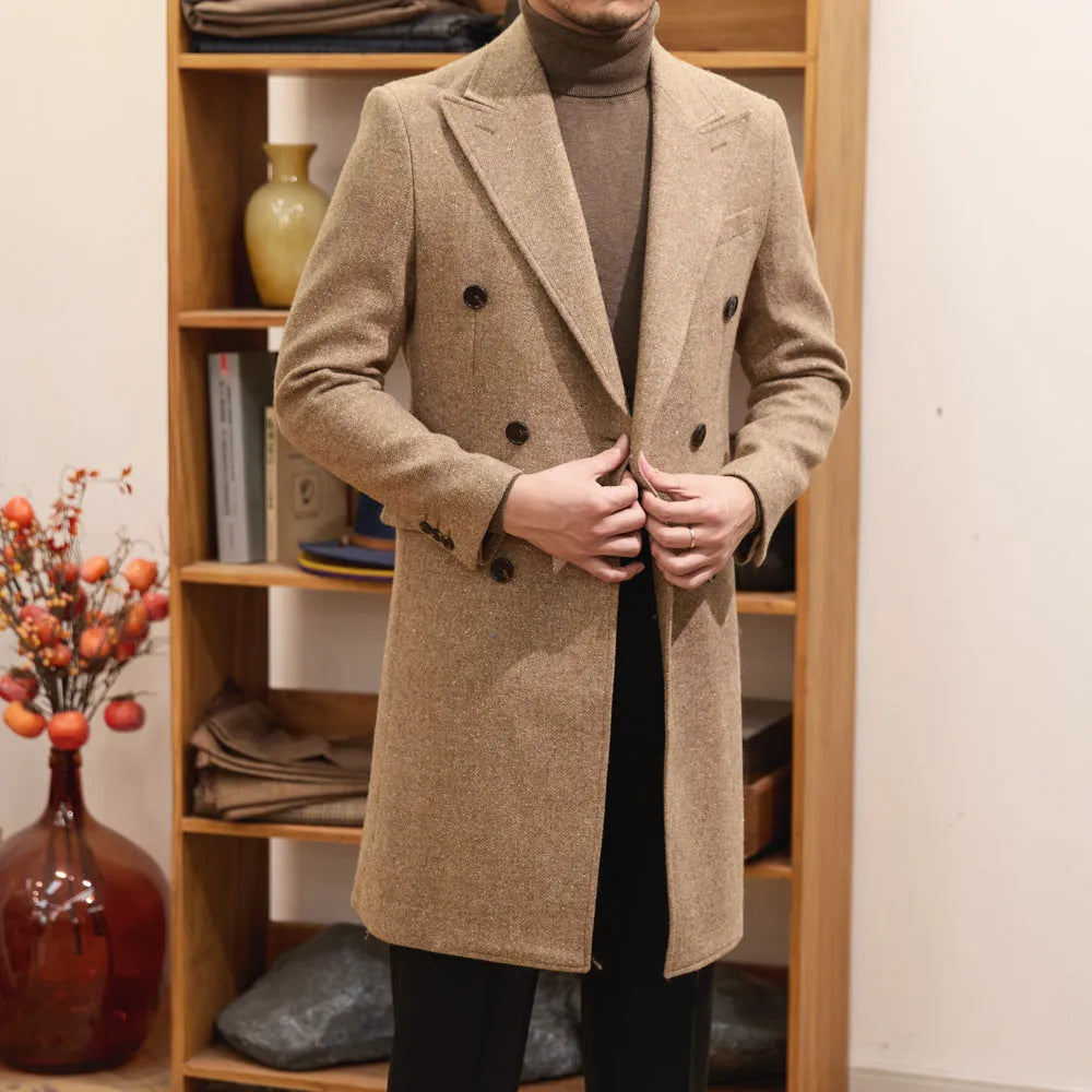 Brown men's slim fit double breasted wool blend jacket with straight hem and side seam pockets.