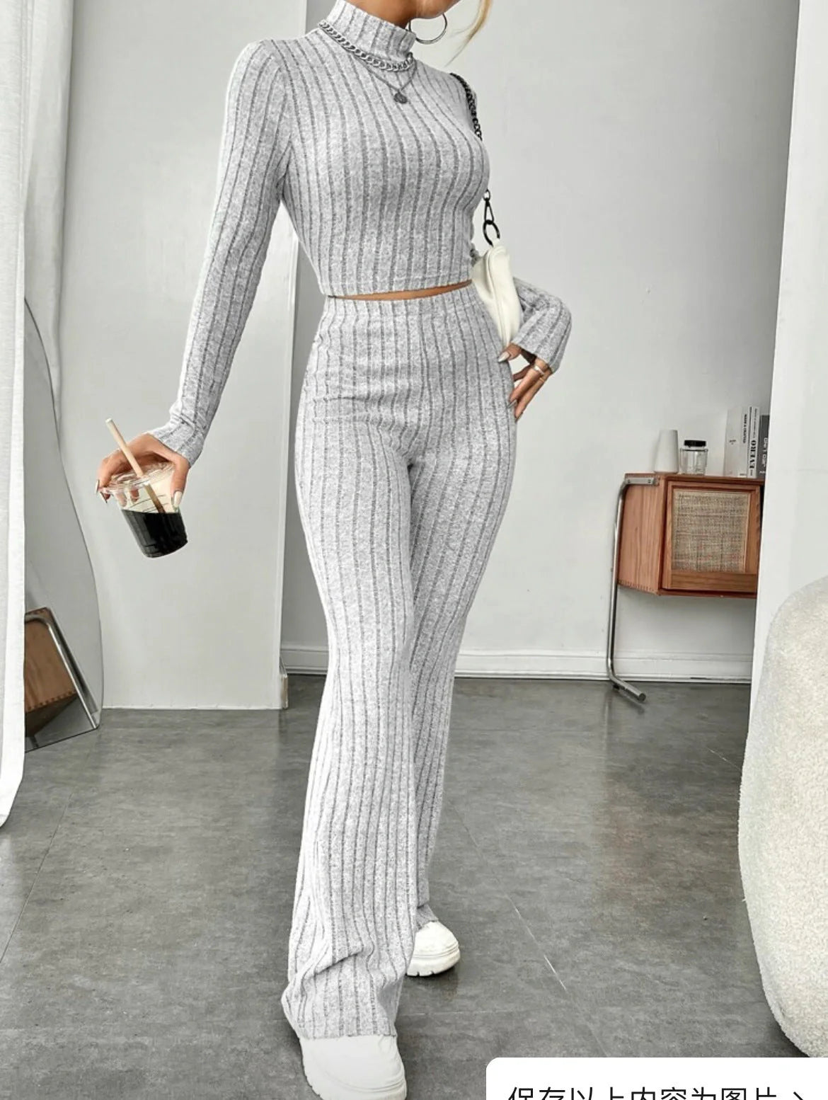 Women's cotton long sleeve turtleneck and wide leg high waist trousers set in various colors