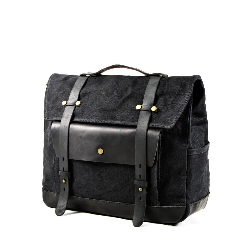 Camel Bag Knight retro cotton messenger bag in army green, showing front flap, rivet details, and size next to a motorcycle helmet.