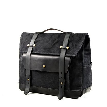 Camel Bag Knight retro cotton messenger bag in army green, showing front flap, rivet details, and size next to a motorcycle helmet.