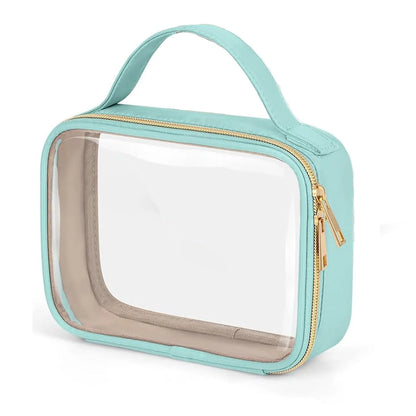 Transparent PVC lipstick storage wash bag with detachable chain showing cosmetic organisation