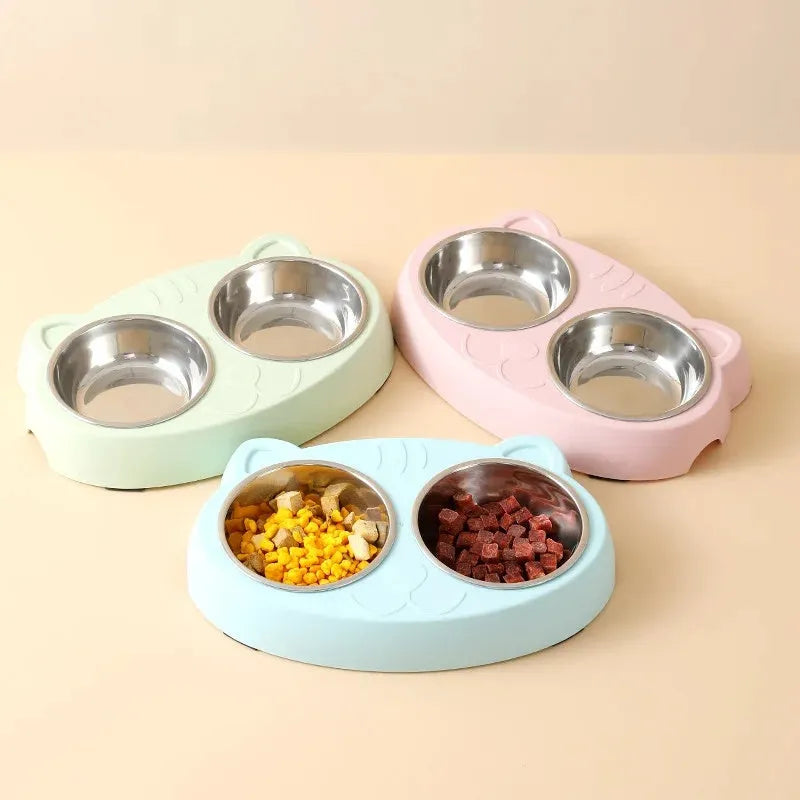 Blue plastic pet feeder tray with two adjacent bowls for cat or dog food and water