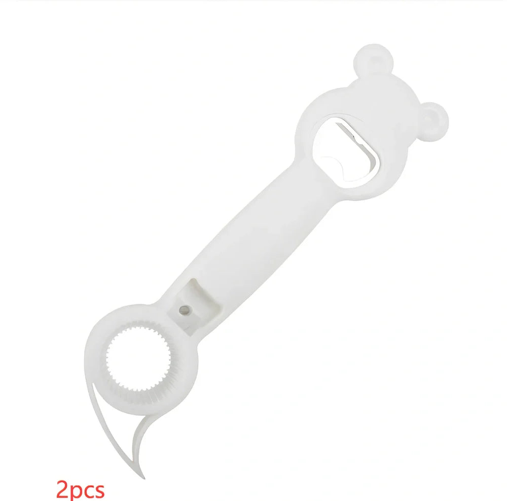 Bear-shaped 4-in-1 stainless steel bottle opener in gray blue, 21 cm long for jars cans and beers