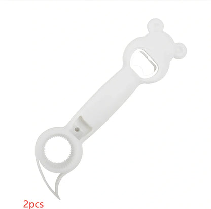 Bear-shaped 4-in-1 stainless steel bottle opener in gray blue, 21 cm long for jars cans and beers