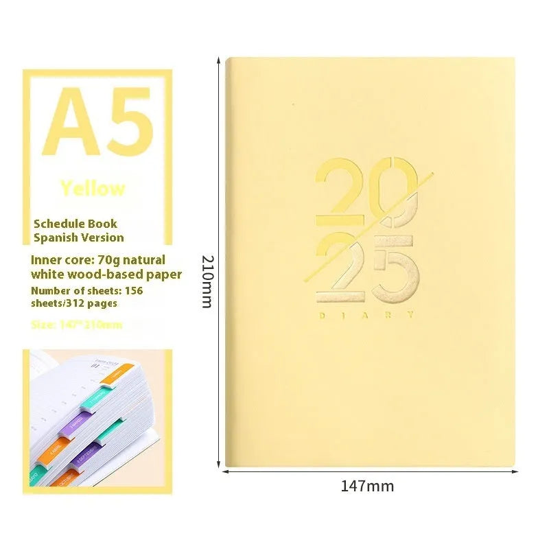 A5 daily planner with faux leather cover in blue, showing open pages and bound spine.