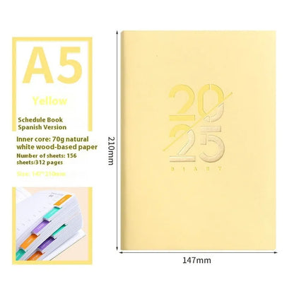 A5 daily planner with faux leather cover in blue, showing open pages and bound spine.