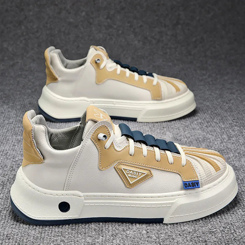 Men's beige low-top sneakers with elastic band closure and leather stitching on microfiber upper