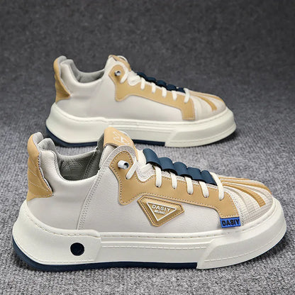 Men's beige low-top sneakers with elastic band closure and leather stitching on microfiber upper