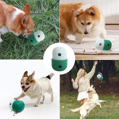 White and blue treat-dispensing puzzle toy for dogs with detachable design and rolling action