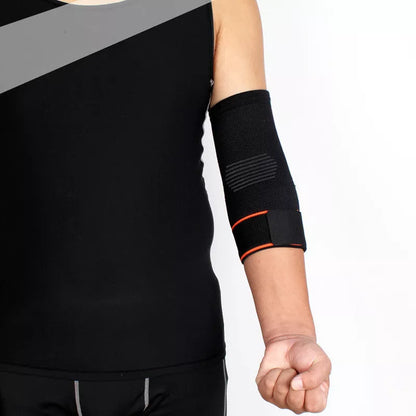 Breathable knitted sports elbow guard with adjustable straps in black and orange