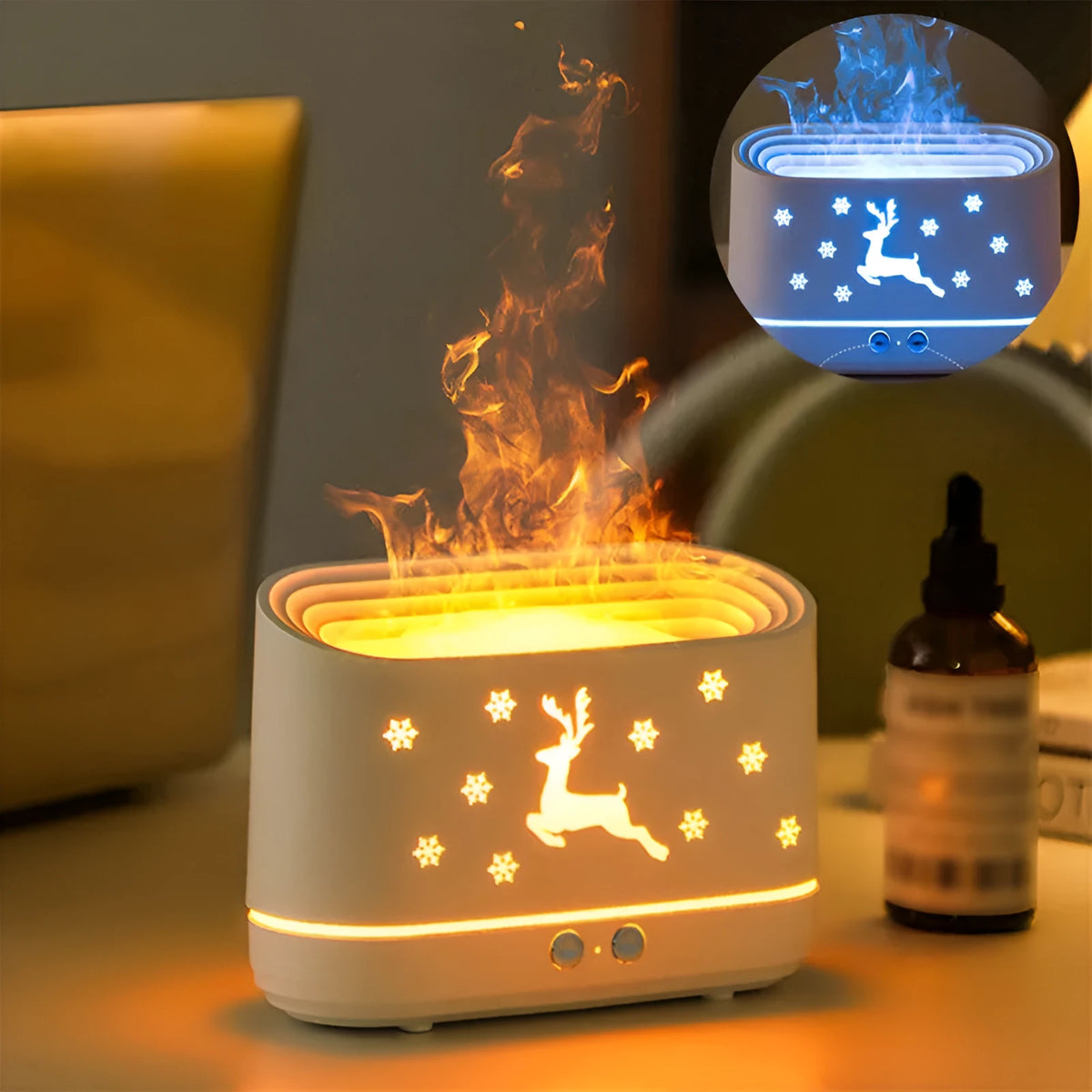 White Elk Flame humidifier diffuser with Christmas pattern and glowing adjustable flame effect.