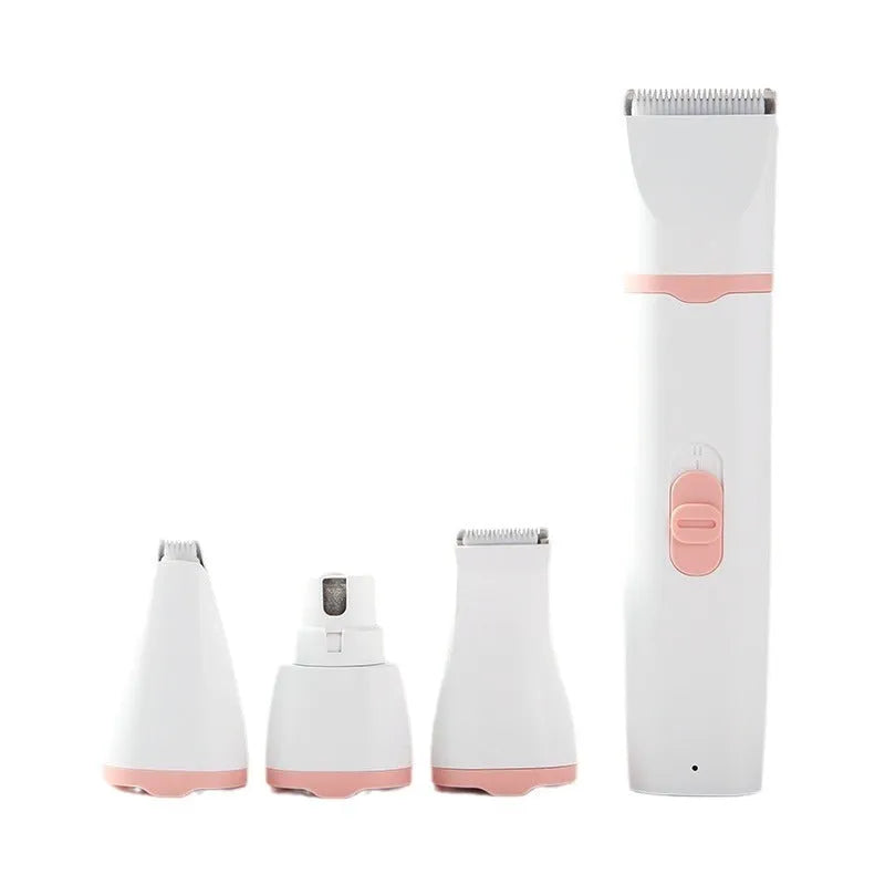 Pet shaver electric clipper suit with ABS body and white porcelain blade, shown in grey, pink, or blue set options.
