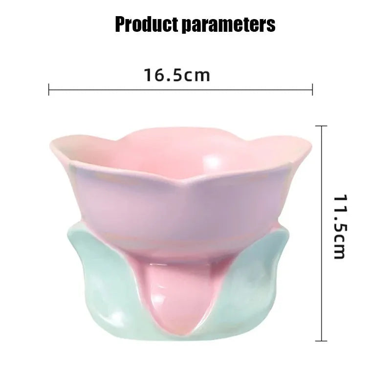 Cat flower bowl raised ceramic pet drinking eating feeders small dogs elevated non-slip feeding supplies cats puppy products with vibrant floral pattern in blue or pink