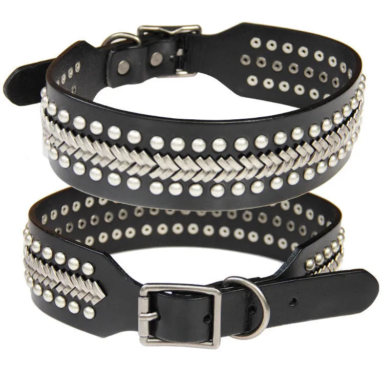 Leather rivet dog collar for large dogs in dark red, gold, silver, orange or red, sizes L and XL