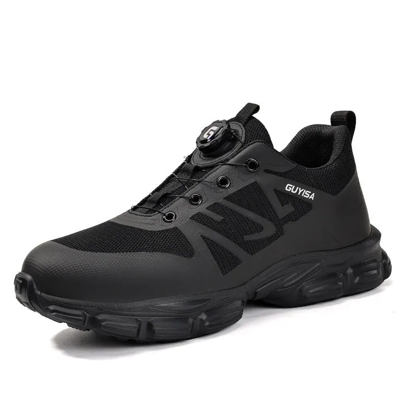 Lightweight safety shoes with Flyknit upper, steel toe cap, and TPU sole