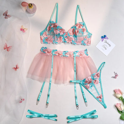Pink mesh pettiskirt and bikini top set with embroidery detailing on lightweight polyester fabric