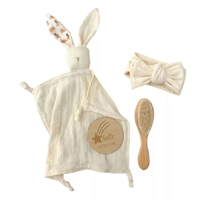 Natural cotton baby bath toy set with wooden rattle and comfort towel