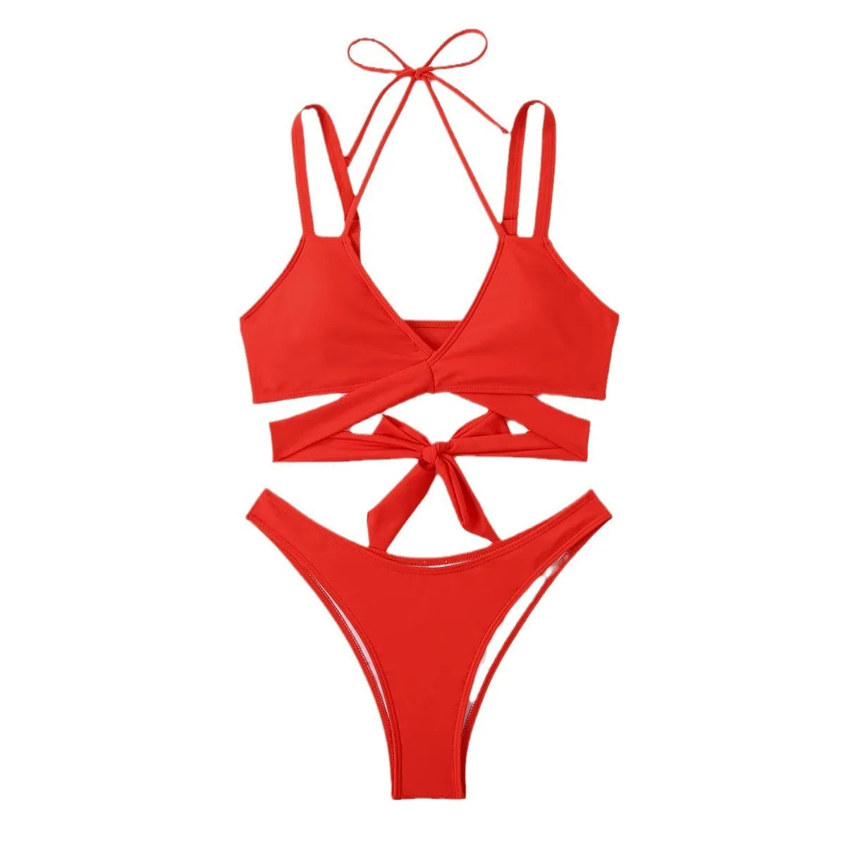 Women's solid colour bikini with adjustable strap ties and removable cups in black, red, blue, rose red, or white