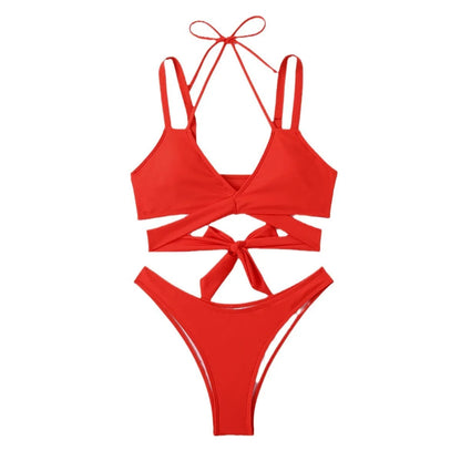 Women's solid colour bikini with adjustable strap ties and removable cups in black, red, blue, rose red, or white