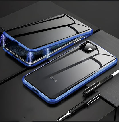 Anti-peep double-sided magneto flip case for iPhone with metal frame and tempered glass.