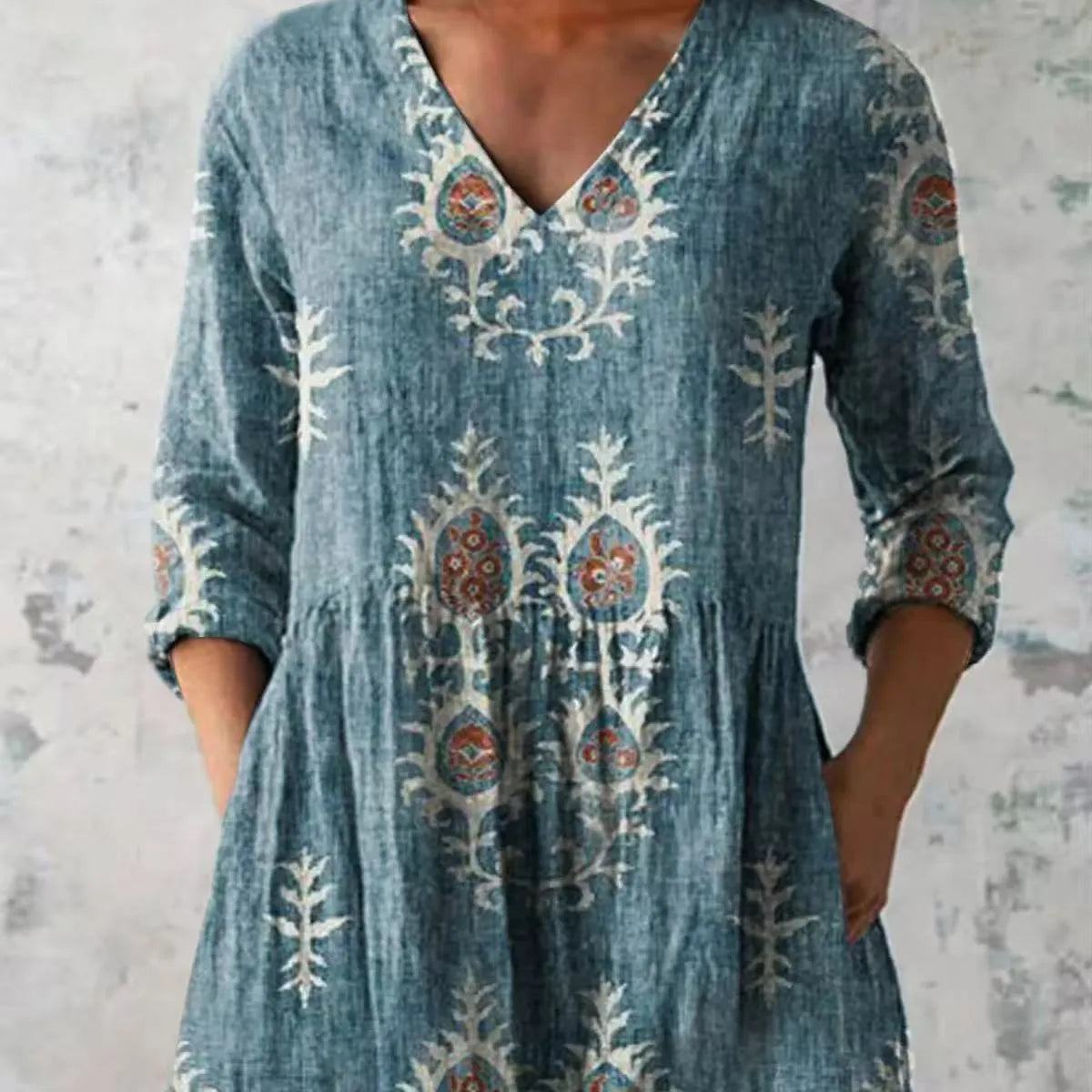 Women's printed wave loose dress with wide waist design and 3/4 sleeves in one of seven style options