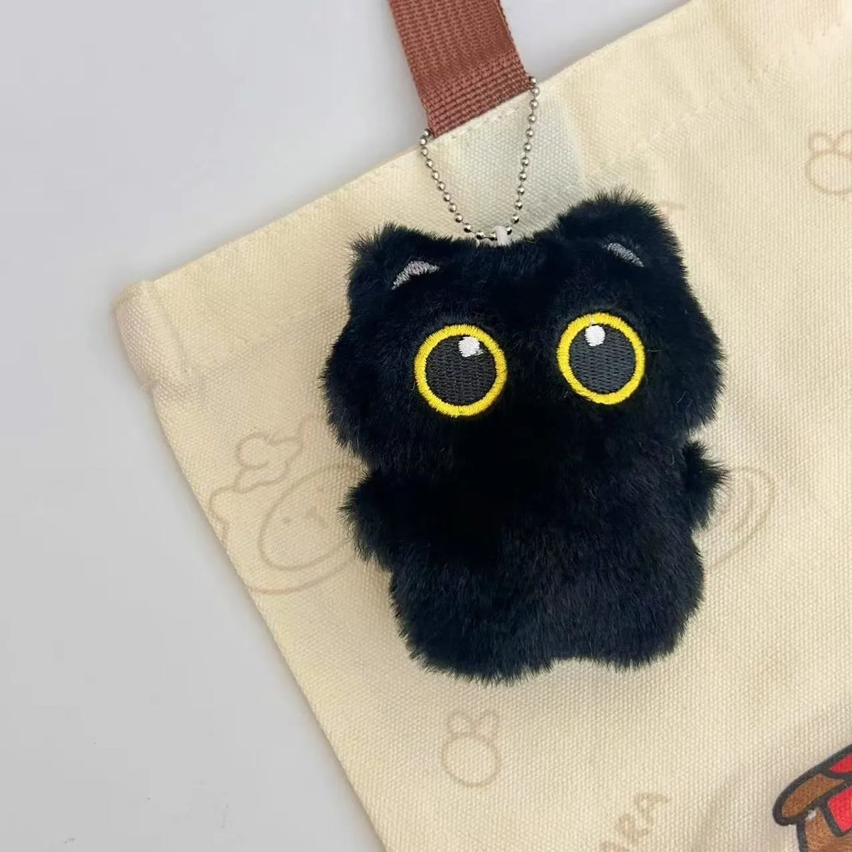 Cartoon big eye black cat plush doll key decoration with optional bead necklace