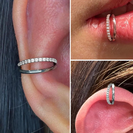 Titanium alloy fork nose ring with diamond treatment in silver finish, showing 1.2mm diameter and fork design