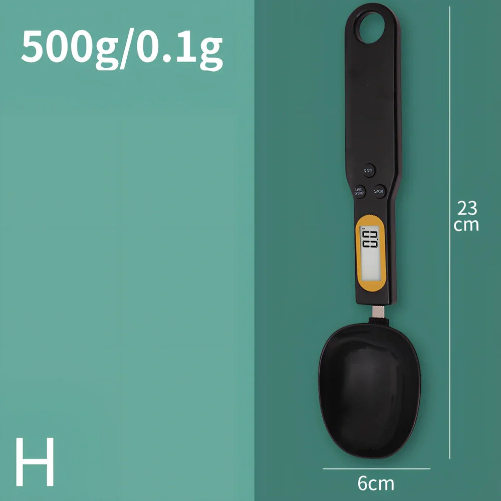 Digital kitchen spoon scale showing measurement display and USB charging port
