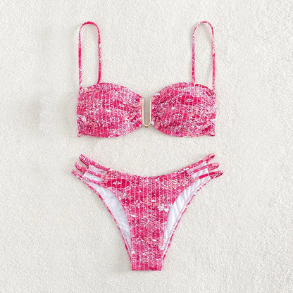 Women's floral bikini swimsuit set with high-waisted briefs in solid colours
