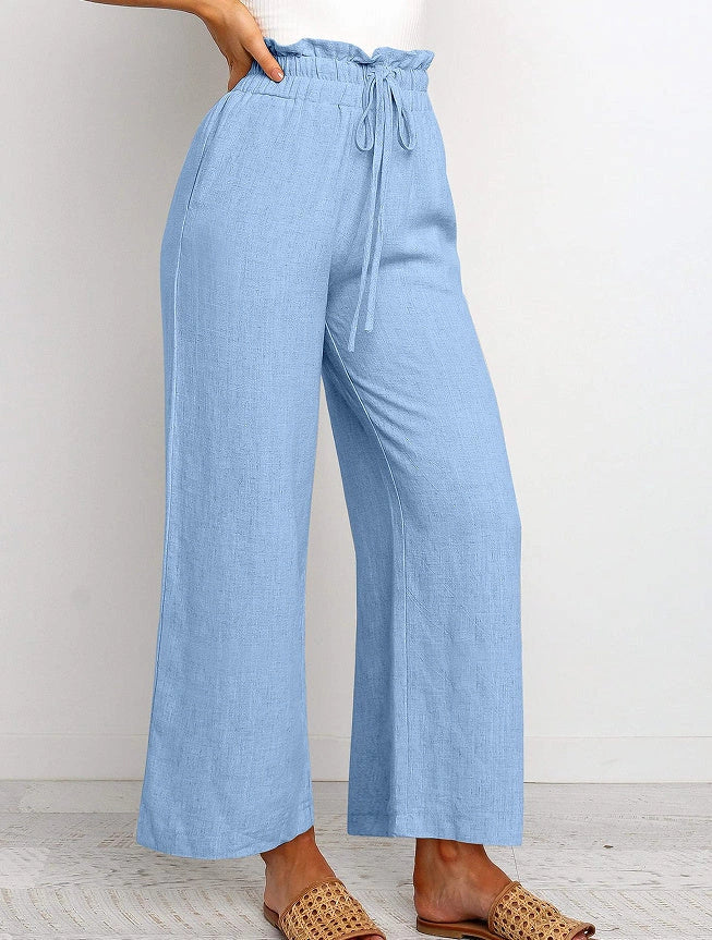 Elastic waistband lace-up wide leg cropped pants in solid colors, showcasing versatile style and comfort
